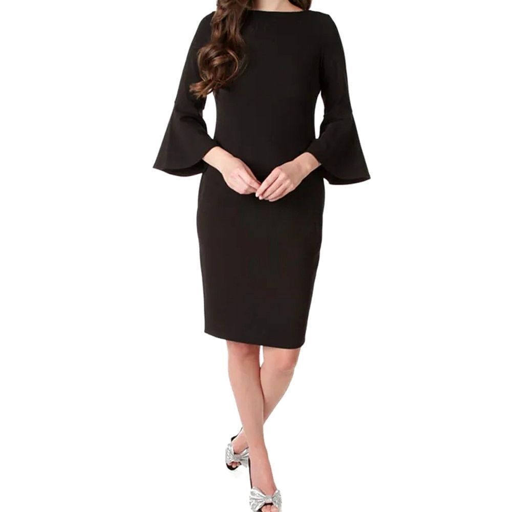 Calvin Klein Black 3/4 Bell Sleeve Sheath Midi Professional Cocktail Dress